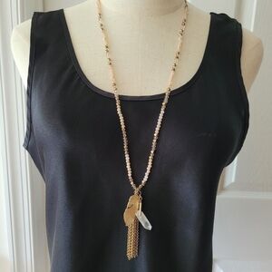 Long Blush Beaded Gold-Tone Necklace w Fringe Chain, White Crystal and Feather